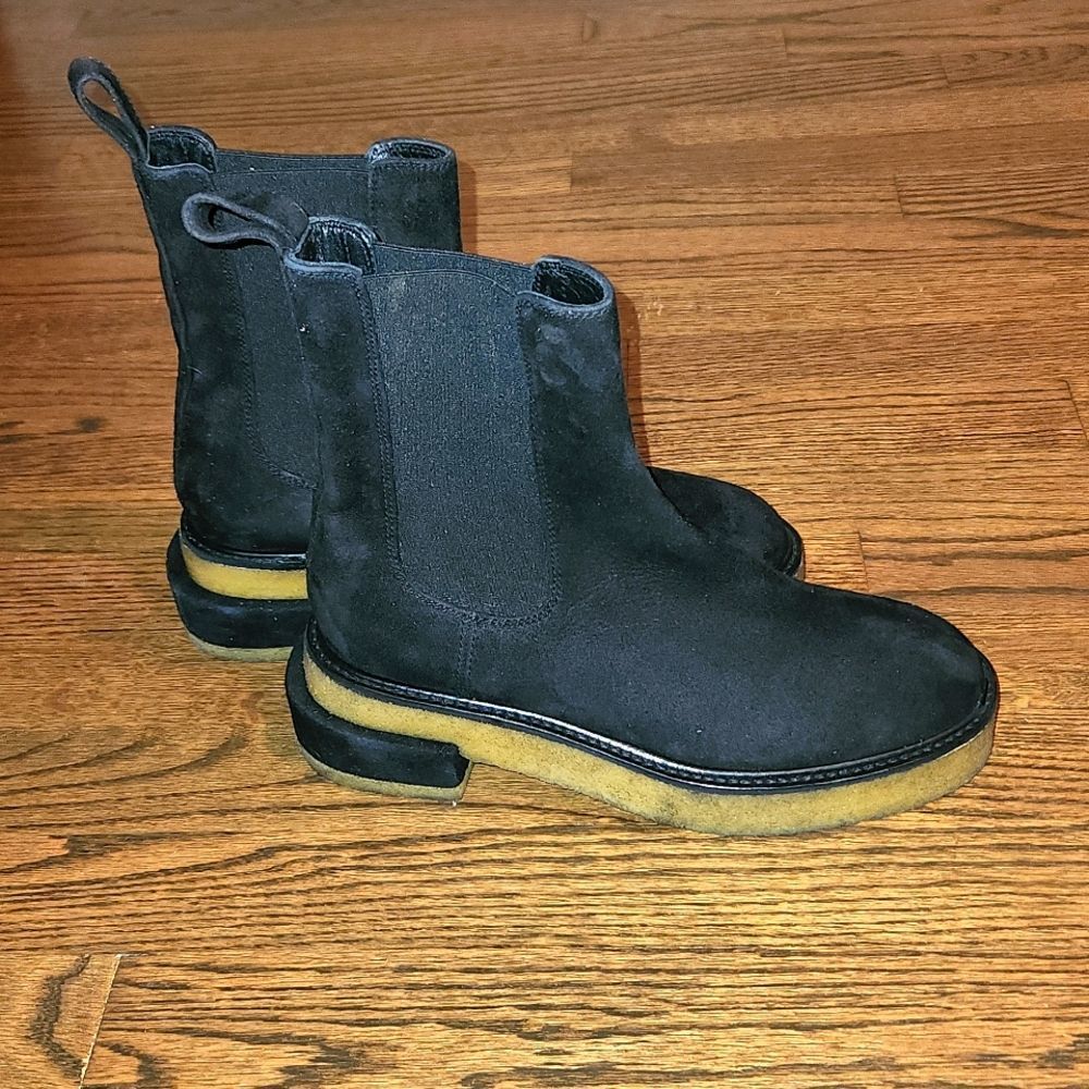Frame Denim Black Suede Chelsea Ankle Boots with Tan Crepe Sole